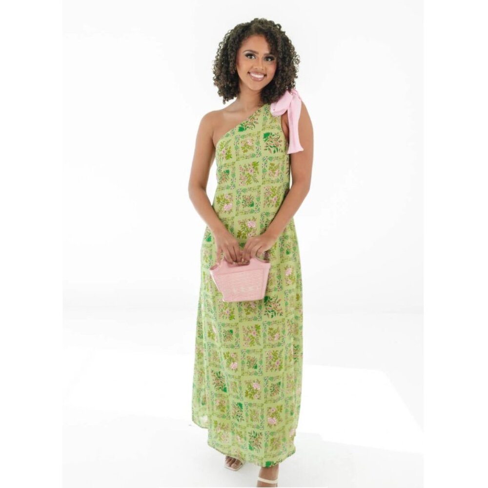 One Shoulder Green Floral Maxi Dress with Pink Bow - Size Small